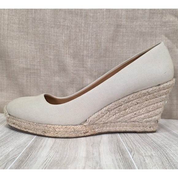 J Crew Beige Cream Canvas Woven Wicker Seville Espadrilles Wedge Heel Size 10.5 - Picture 5 of 10
